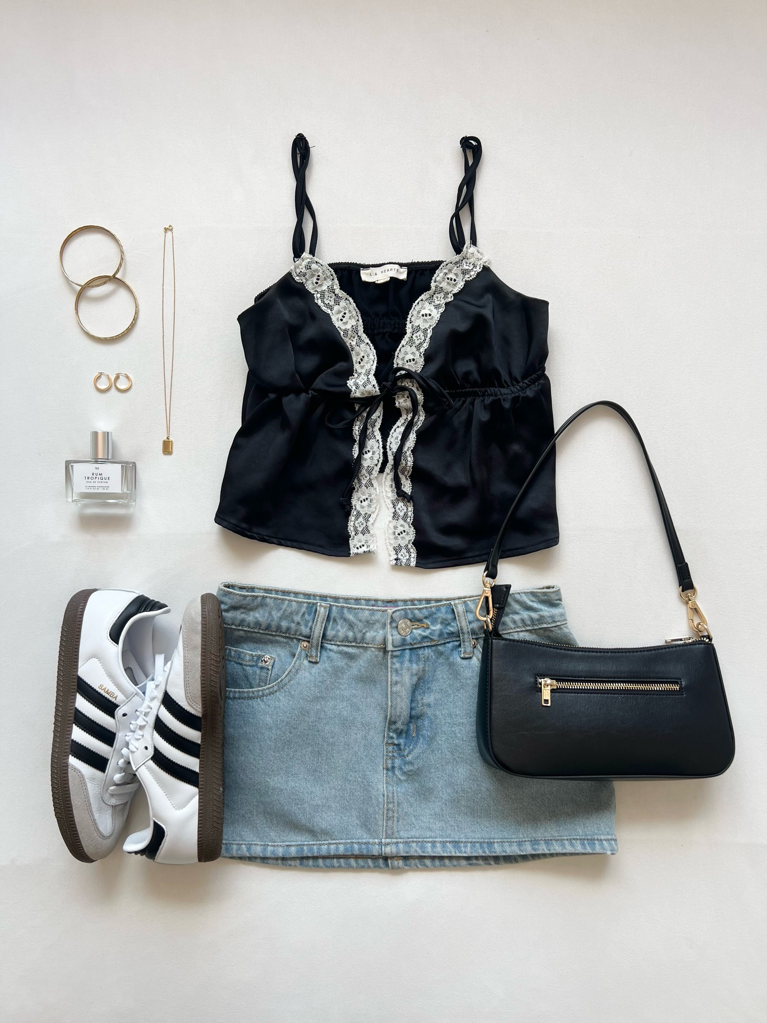 b&w adidas sambas + denim mini skirt outfit