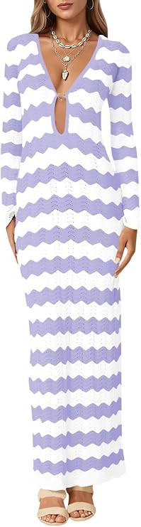 Saodimallsu Womens Crochet Summer Maxi Dress Striped Sexy Cut Out V Neck Long Sleeve Knit Cover U... | Amazon (US)