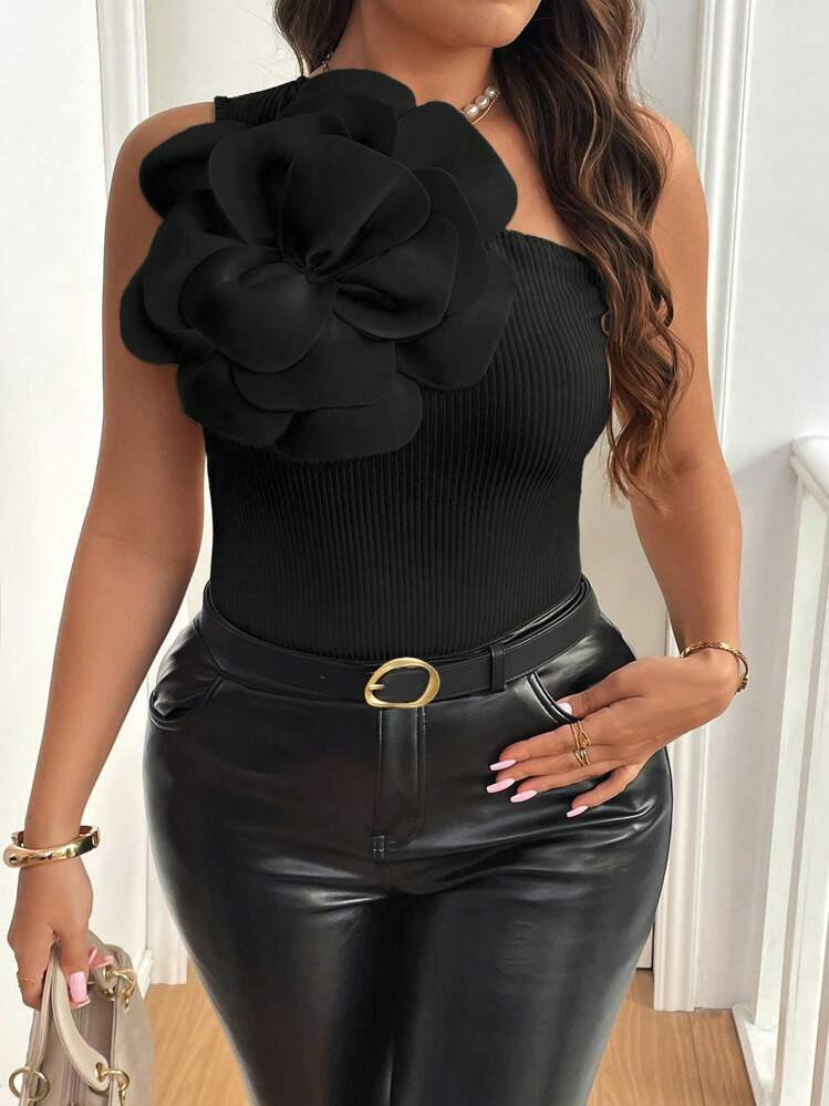 Vionelle Women Plus Size Boho Solid Color 3D Floral Decor Sleeveless Asymmetrical Neck Top, Autum... | SHEIN