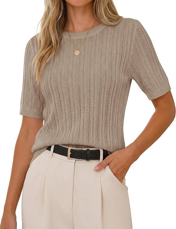 ZESICA Womens Summer Short Sleeve Knit Tops 2026 Crewneck Crochet Sweater Tops for Women Casual T... | Amazon (US)