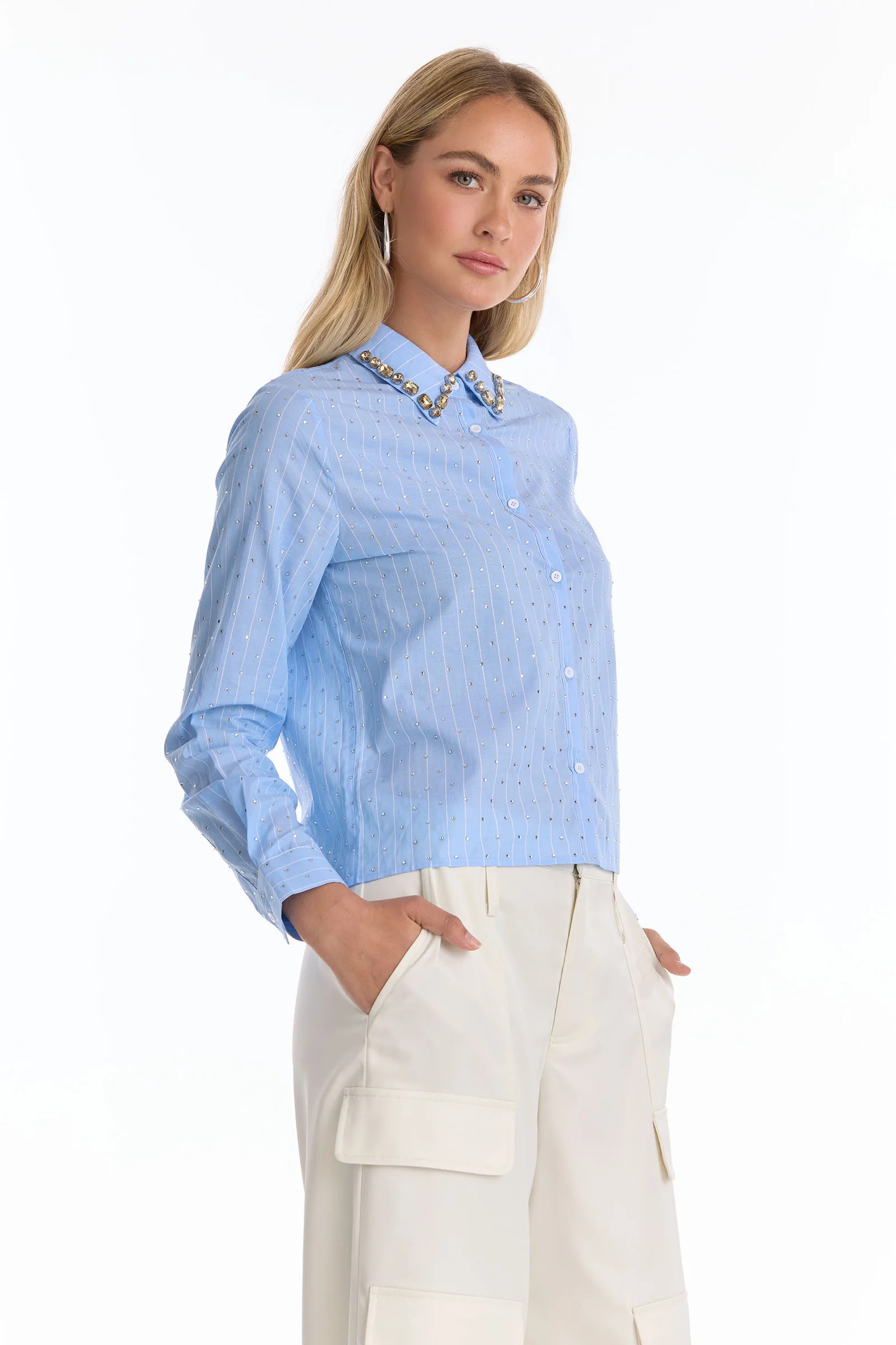 Josefina Crystal Button Up - Blue Stripe | The Noli Shop