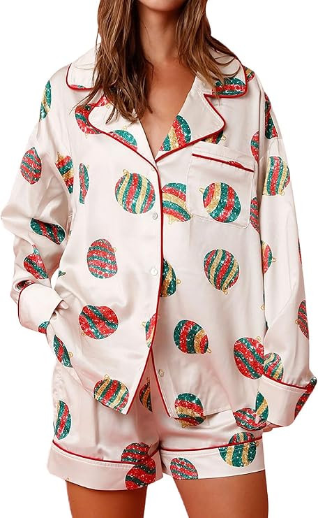Aonoapll Women Christmas Pajamas Shorts Set Cute Patterned Long Sleeve Shirts and Shorts 2 Piece ... | Amazon (US)