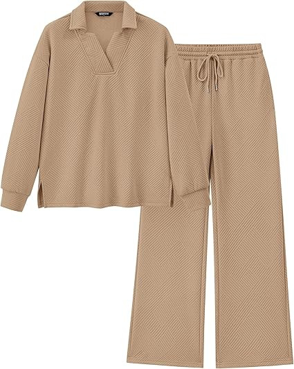 BTFBM Women 2 Piece Outfit 2024 Fall Winter Lapel V Neck Long Sleeve Pullover and Wide Leg Pants ... | Amazon (US)