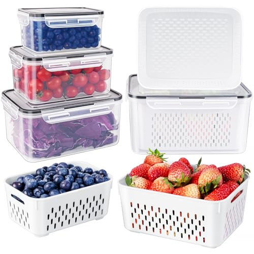 Freshmage Fruit Storage Containers for Fridge with Removable Colander, Airtight Food Storage Container, Dishwasher Safe Produce Saver for Refrigerator, Keep Berry Fruit Fresh Longer 4 pcs Small Clear | Amazon (US)