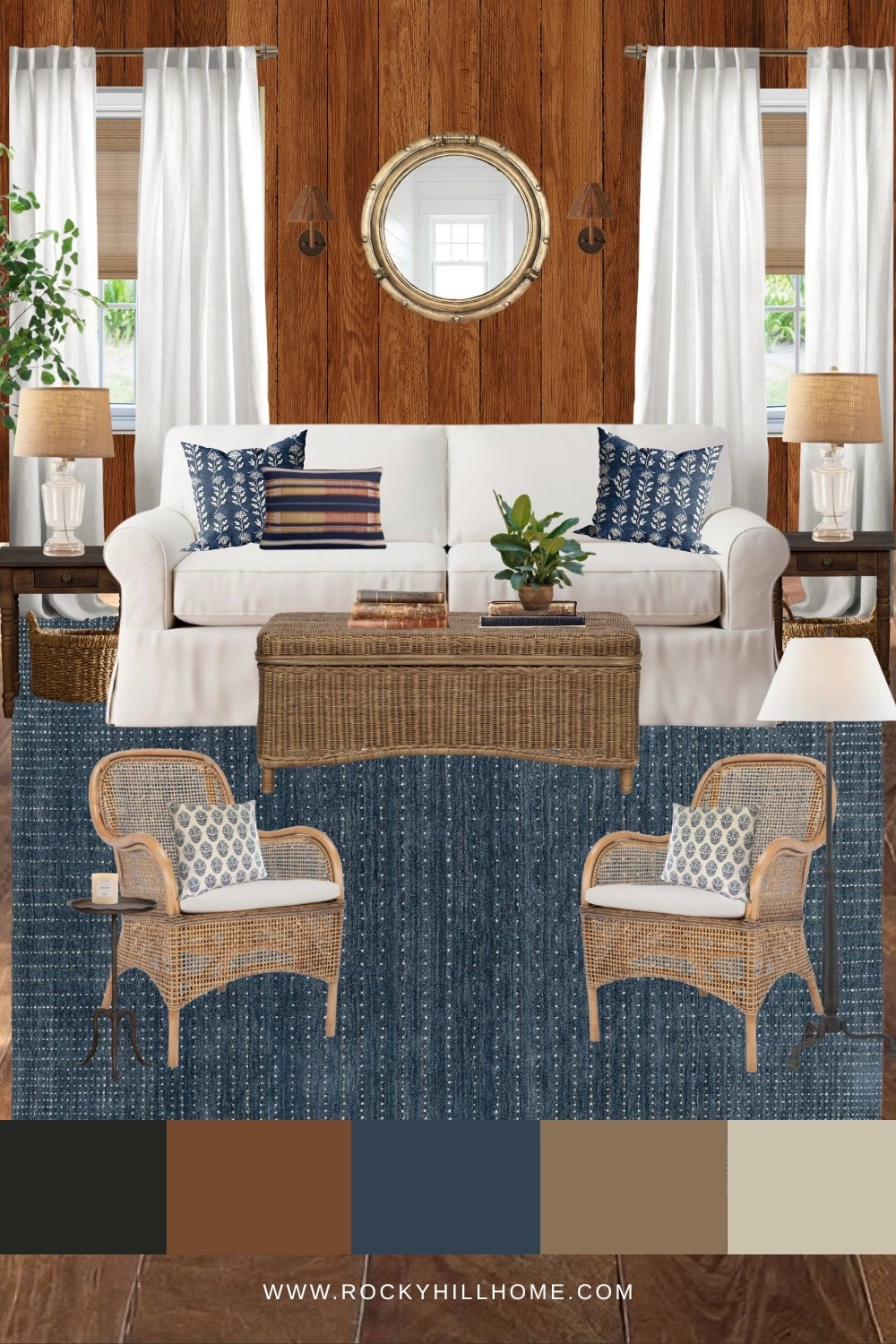 This eclectic coastal living room feels like an old Cape Cod cottage in the best way. I love the mix of warm wood walls, navy textiles, woven textures, and relaxed slipcovered seating for a space that feels cozy, collected, and timeless. This look would be just as beautiful in a lake house, cabin, or coastal cottage.

#LTKSaleAlert #LTKHome #LTKSeasonal