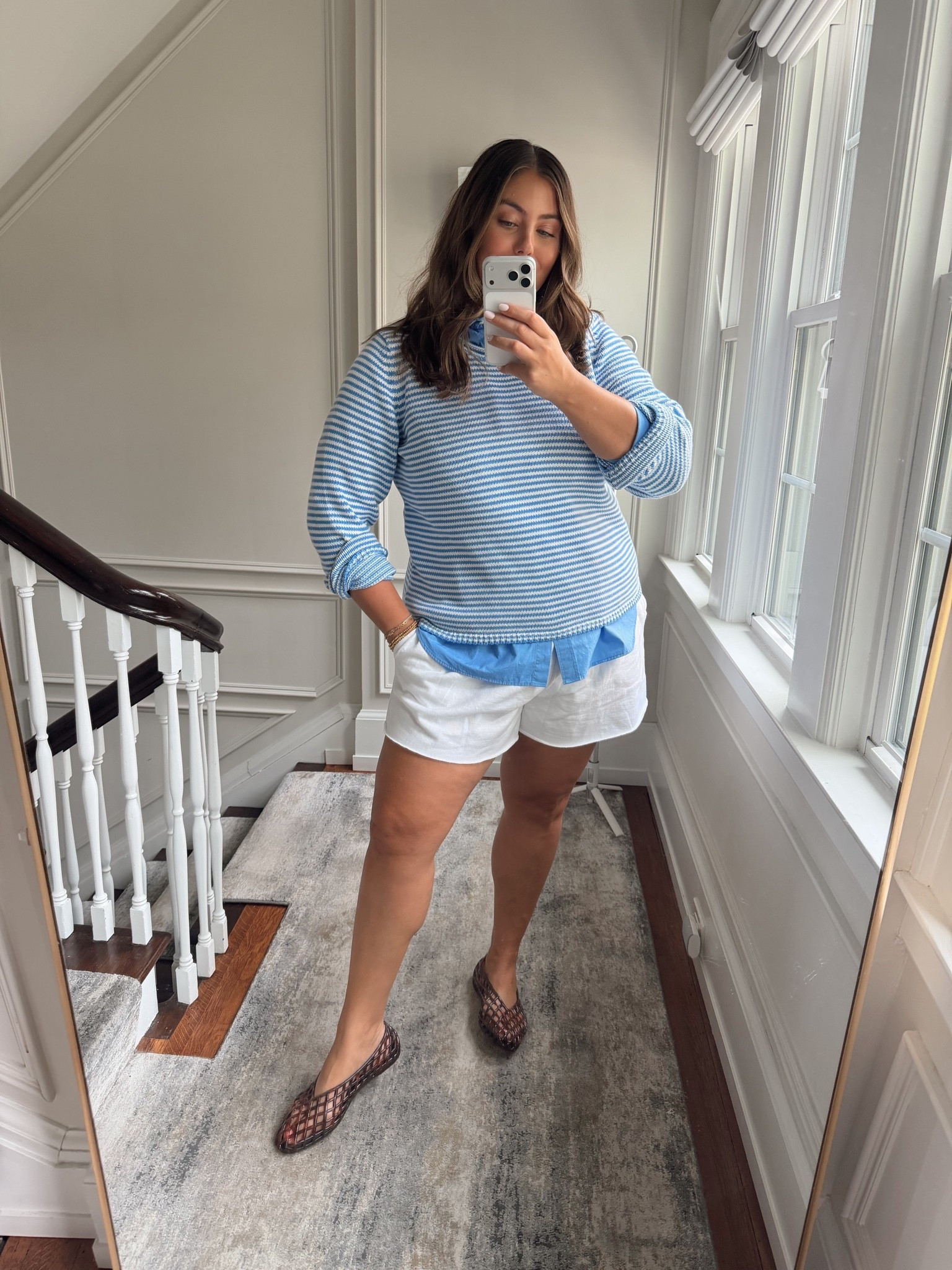 Wearing size XL in blue striped sweater, blue button down, XXL in white shorts. Use CARALYN15 on your first order at Spanx. Early fall outfit / work from home outfit / styling a sweater / styling a button down / pre fall outfit

#LTKootd #LTKSeasonal #LTKPlusSize