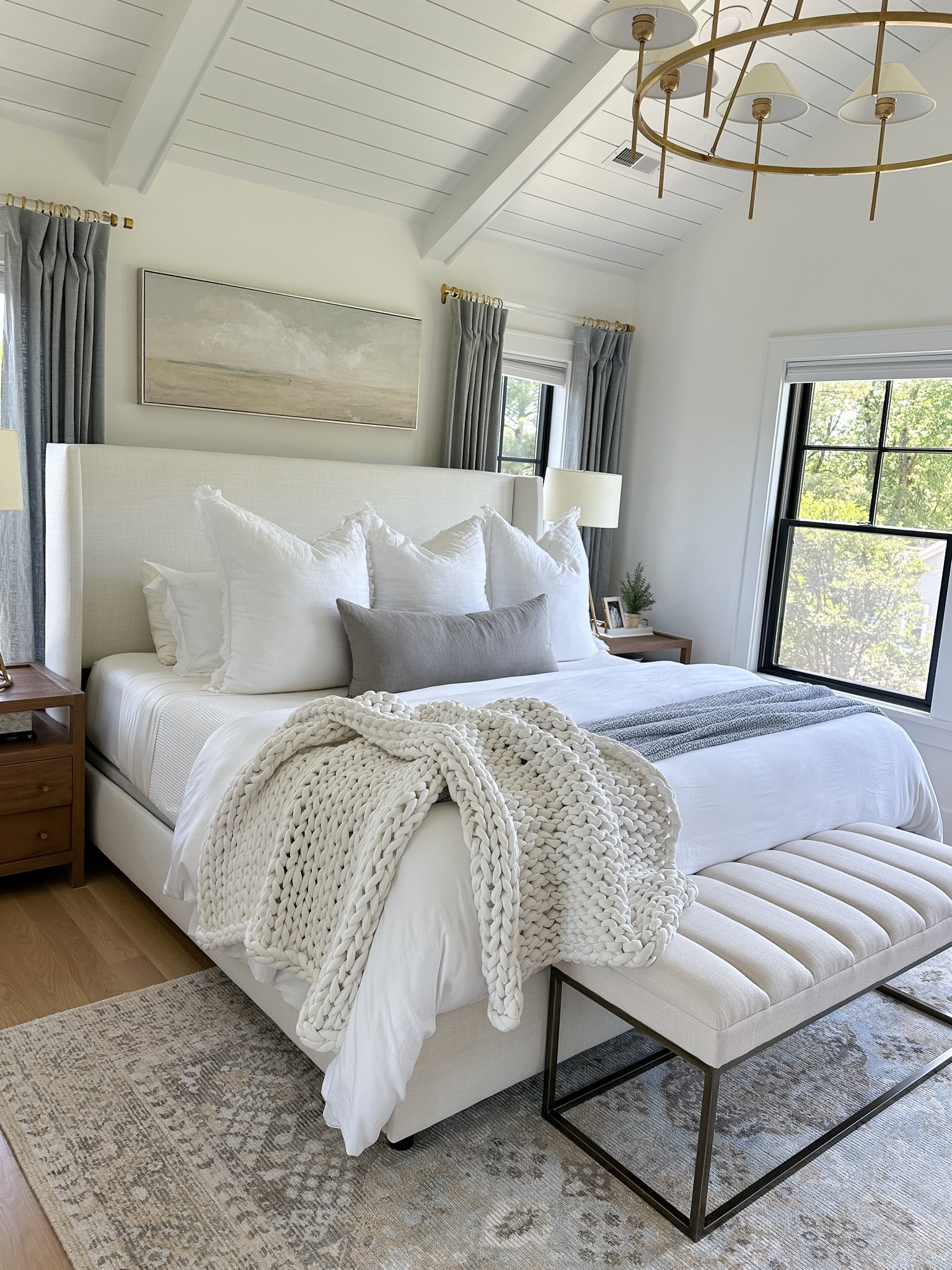So much from our primary bedroom is on sale for Labor Day, including our Upholstered TIlly Bedframe and end of bed bench! 

▫️Paint color: Benjamin Moore Simply White
▫️Rug: 8x10 - it’s very soft and I love the muted vintage vibe!
▫️Bed: King size in Zuma White. We have a standard size boxspring and 12” thick mattress
▫️Curtains/Drapes: 84” length, 50” wide in mineral blue with light filtering lining 
▫️Curtain Rods: Acrylic & Brass with 1.25” diameter rings
▫️Art: I found it locally (preframed) but I’m linking the same art on stretched canvas in a similar size.
▫️Pillows: 4 king size bed pillows, 3 26” Euro pillows (from Amazon), 2 20” blue linen throw pillows, 1 14x36” light gray lumbar pillow
▫️Bedding: Organic cotton duvet cover in white with medium weight down insert (king), Waffle bed blanket in natural (king)
▫️Chunky Throw: This is actually a 15lb weighted blanket in cloud white


#LTKStyleTip #LTKSaleAlert #LTKHome