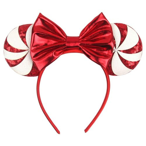 BPNHNA Christmas Mouse Ears Headband Peppermint Snowflakes Hairband Sequin Bow Hair Hoop Headpiece for Party Favors | Amazon (US)