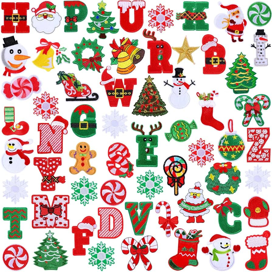 Lyrow 62 Pcs Christmas Iron on Patches Cartoon A to Z Letter Christmas Embroidered Applique Patch... | Amazon (US)