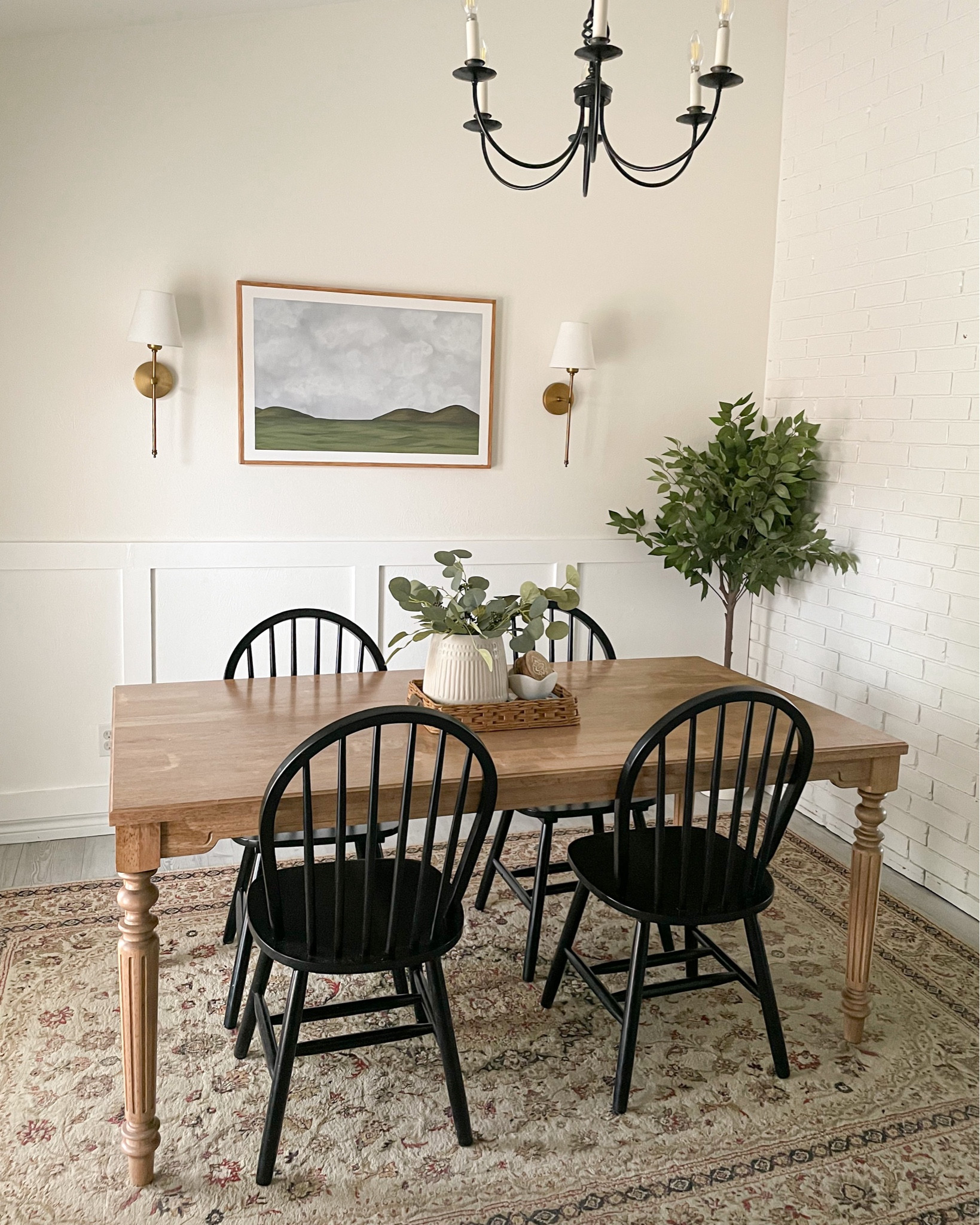 Couldn’t link everything exactly but here are the details: 
-painting I did myself
-tree from hobby lobby 
-table from Home Depot but I stained it and sealed
-chandelier and rug from Facebook marketplace (used) 

The sconces and chairs are linked :) also alternatives for other items :) 

Dining room, home decor, black chairs, spindle, beige table, small, ideas, inspo, Instagram, aesthetic

#LTKunder100 #LTKhome #LTKstyletip