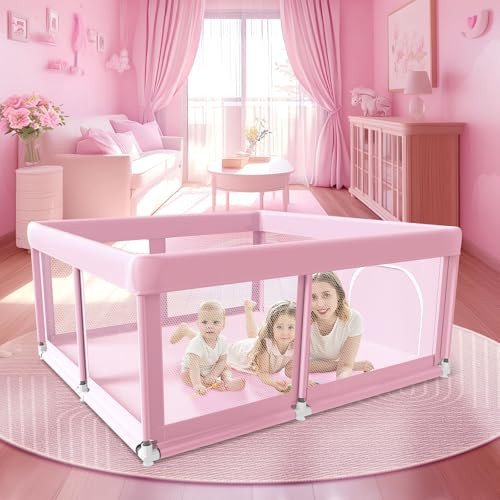 Fshibila 50" ×50" Baby Playpen, Baby Play Pen for Babies and Toddlers, Baby Playard for Indoor & Outdoor, Sturdy Safety Play Yard with Soft Breathable Mesh, Anti-Fall, Pink | Amazon (US)