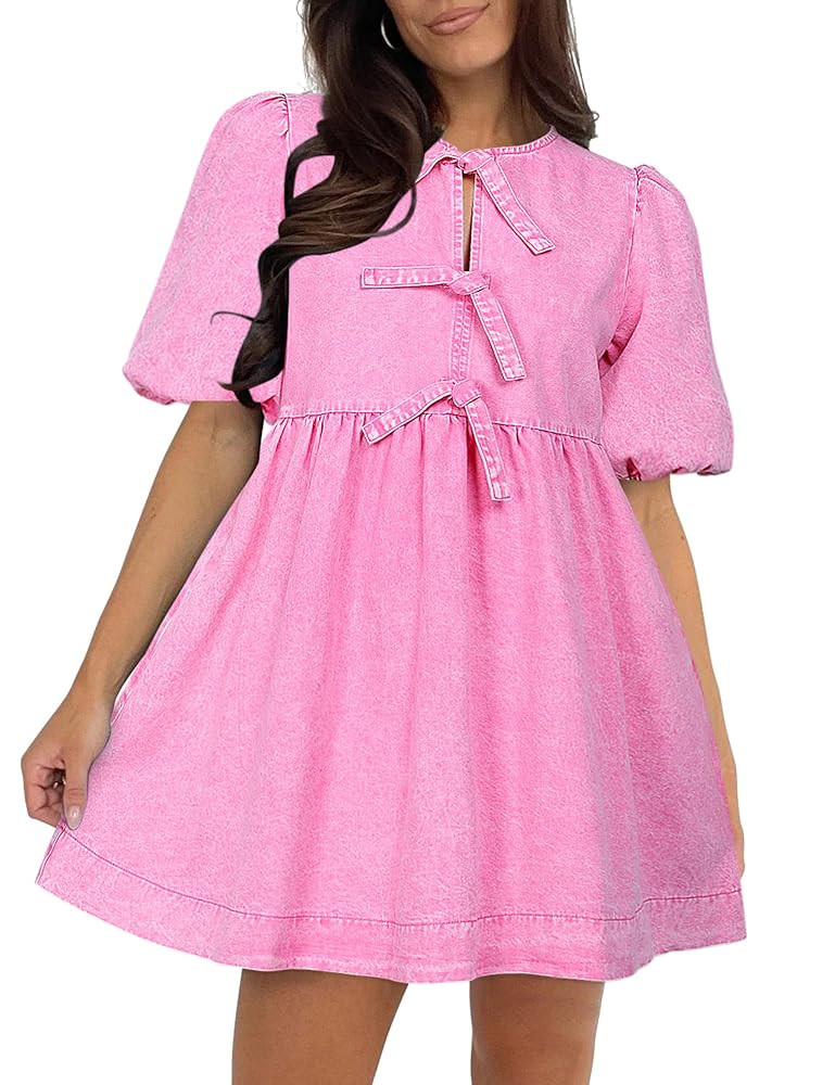 Qazel Vorrlon Denim Dress for Women Puff Short Sleeve Babydoll Jean Romper Pockets Summer Casual ... | Amazon (US)