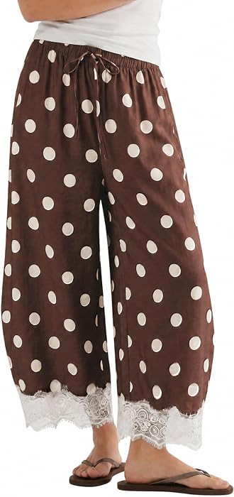 Athlisan Womens Polka Dot Wide Leg Palazzo Pants High Waisted Summer Lace Trim Cropped Baggy Trou... | Amazon (US)