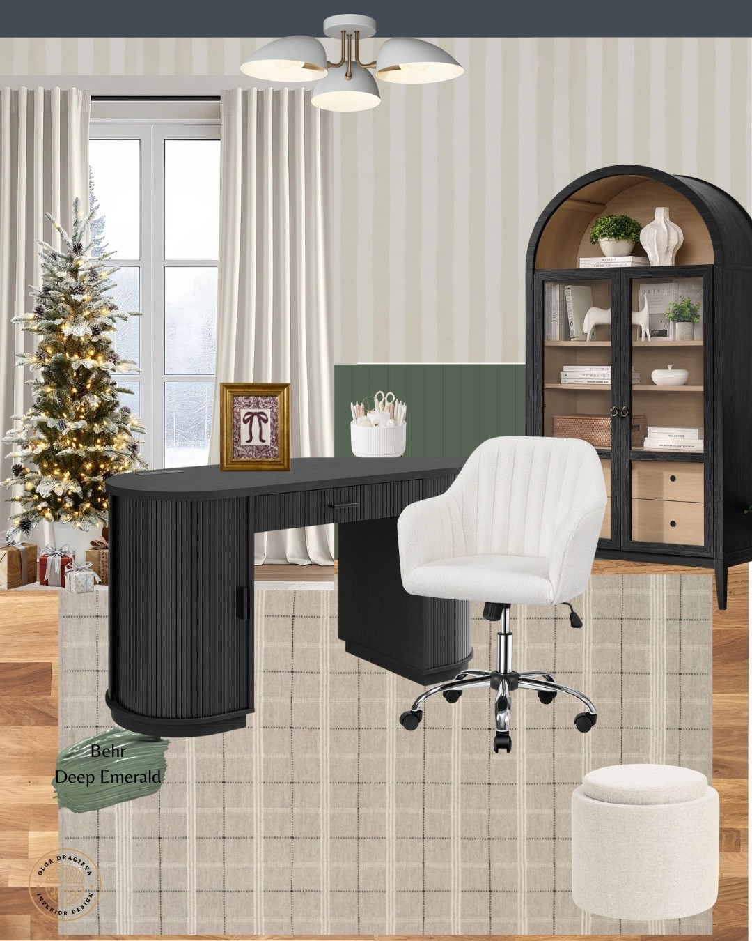 Cosy winter home office, who says that home office should be boring?! Gorgeous wallpaper, beautiful office chair, affordable desk, plaid rug, glass cabinet, velvet storage ottoman, velvet curtain. #christmasdecor #homeoffice #workfromhome

#LTKHome #LTKFamily #LTKHoliday
