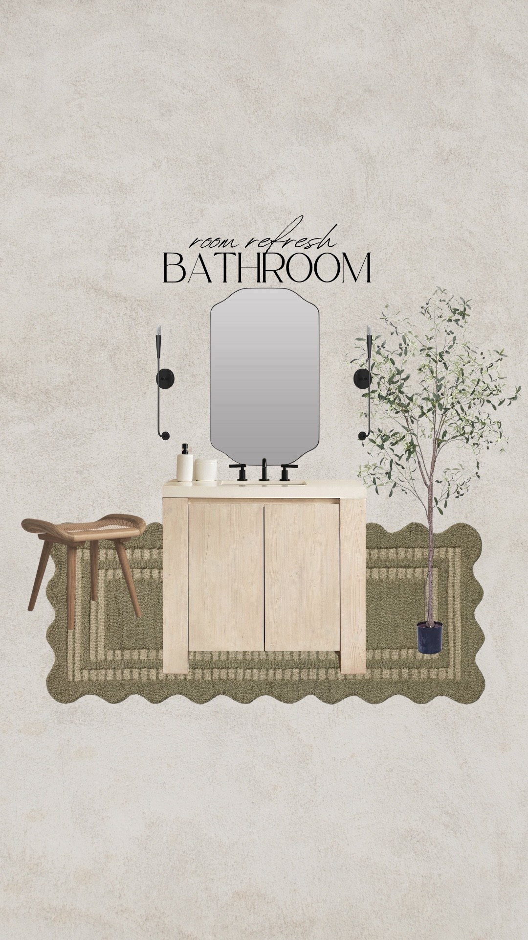 Bathroom refresh, modern organic, traditional bathroom, modern bathroom, transitional bathroom, green rug, wavy rug, white oak vanity, wood stool, bathroom stool, olive tree, faux olive tree, black mirror, black wall sconce

#LTKSaleAlert #LTKSeasonal #LTKHome