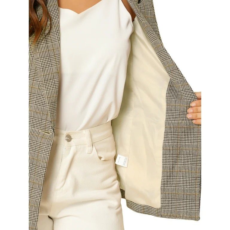 Allegra K Women's Notched Lapel One Button Hip Length Houndstooth Blazer | Walmart (US)