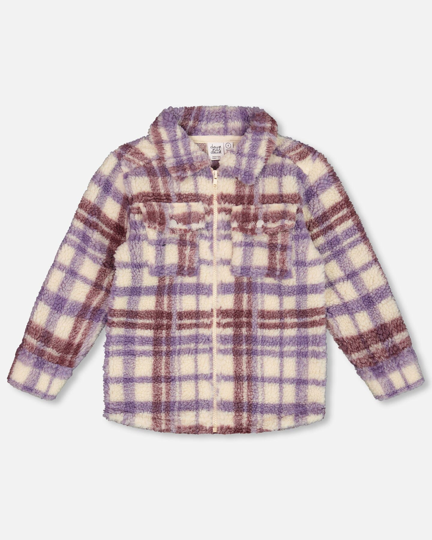 Zip Front Sherpa Overshirt Plaid Purple And White - Deux par Deux | Deux par Deux Childrens Designer Clothing