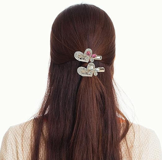 Grampos de cabelo em formato de coração e borboleta em metal dourado com cristais de strass ros... | Amazon (BR)