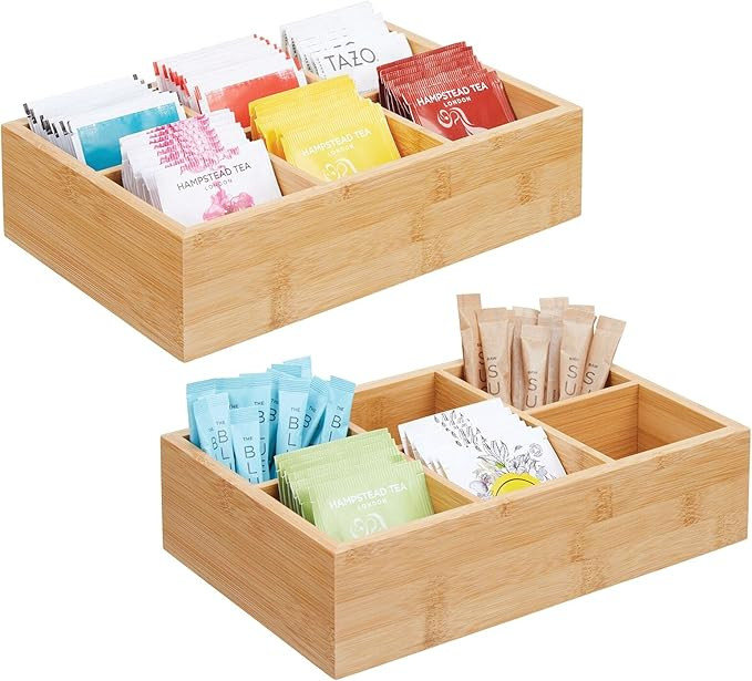 mDesign Bamboo Wood Compact Tea & Food Storage Organizer Bin Box - 6 Divided Sections - Holder fo... | Amazon (US)