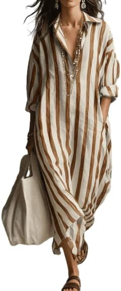 Women's Striped Maxi Shirt Dress Long Sleeve Oversized Loose Fit V Neck Collared Side Split Kafta... | Amazon (US)