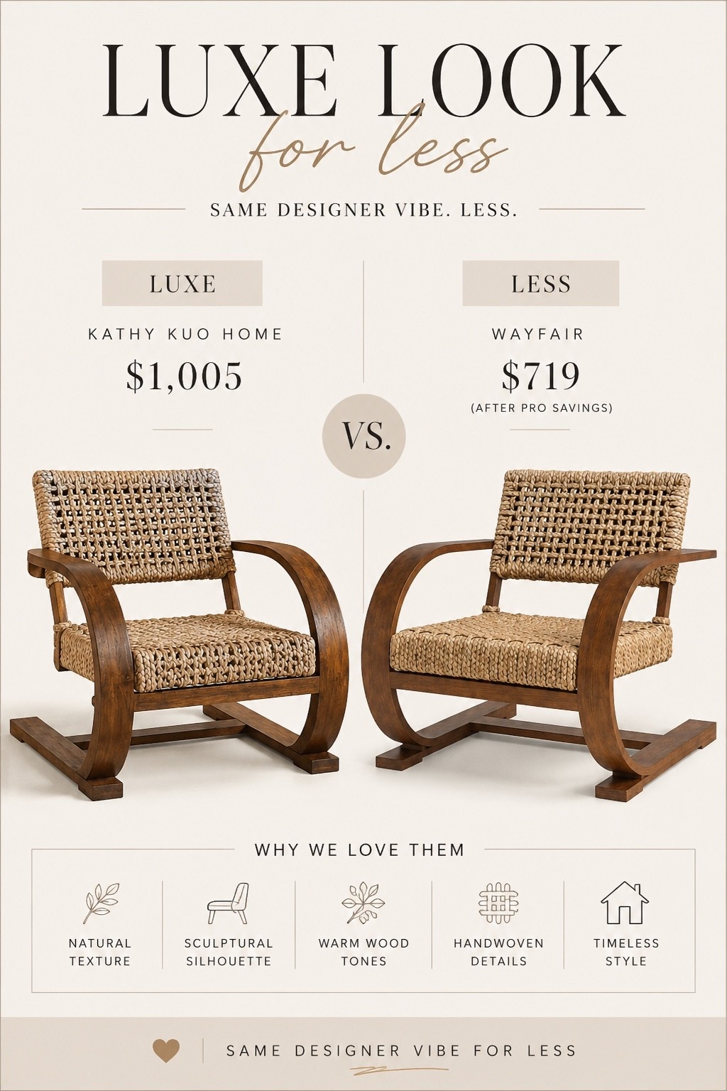 Designer Chair Look for Less

Found the most gorgeous woven wood accent chair and immediately had to find the budget-friendly version. Same sculptural shape, same warm wood tones, same elevated organic feel… but hundreds less.

These are the kinds of pieces that make a room feel custom and collected without needing a full designer budget. Which one would you choose?

#LTKHome #LTKSaleAlert