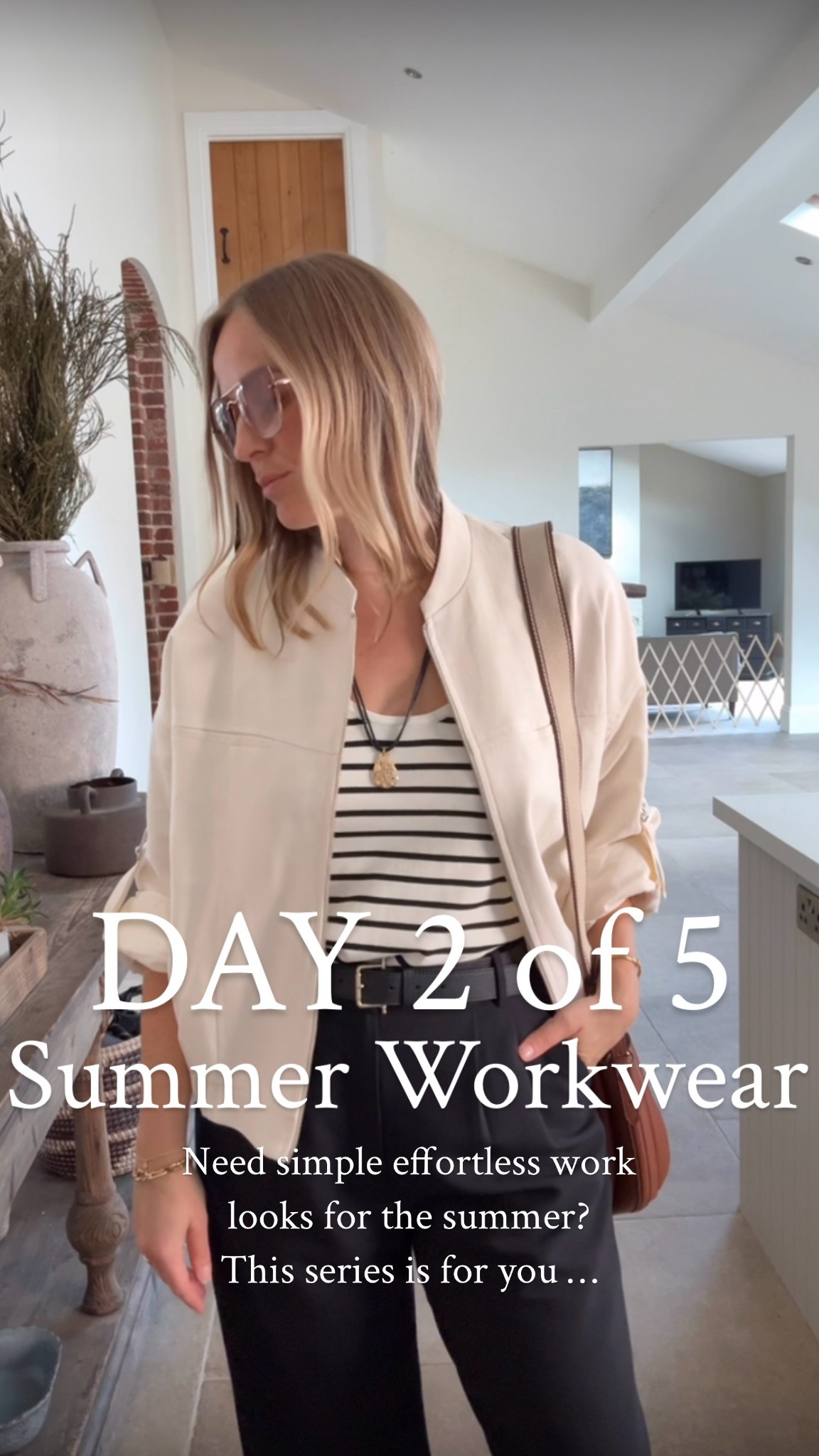 Day 2 of 5: Summer Workwear 

Keeping things classic yet modern. This is about building a functional wardrobe with pieces that layer effortlessly and deliver on that ‘feel good’ 
I keep switching up accessories in the series but a-lot of what I use is versatile and can easily be styled with other outfits. 

Today’s outfit features a trouser I’ve been buying for years — high-waisted with a clean straight-wide leg, available in three lengths and a curvy fit for added room through the hip and thigh. It wears and washes well, and works year-round.

I’ve added an elevated knitted vest top in a clean viscose yarn and linen bomber that lifts the darker trouser for the season. 

I’ve used tan accessories to inject a little more tone - but black /brown would also work well. 

Try recreating the look with what you already own and see the below links if you’re missing a piece… 

Sizes 
Linen bomber jacket size medium 
Stripe vest size large 
Pleat trousers - regular fit 30 long (I’d say these fit 12/14) but it’s best to go by your waist measure on these trousers. If curvier you may find the curve love fit better.  Other shades available and a lower rise. 

Summer work wear 
Office outfit 
Smart casual 

#LTKsummer #LTKworkwear #LTKtravel