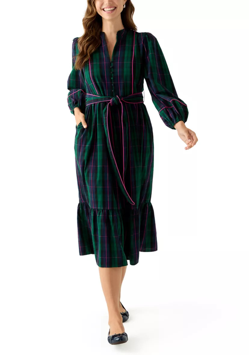 Women's Blouson Sleeve Plaid Midi Dress with Self Belt | Belk
