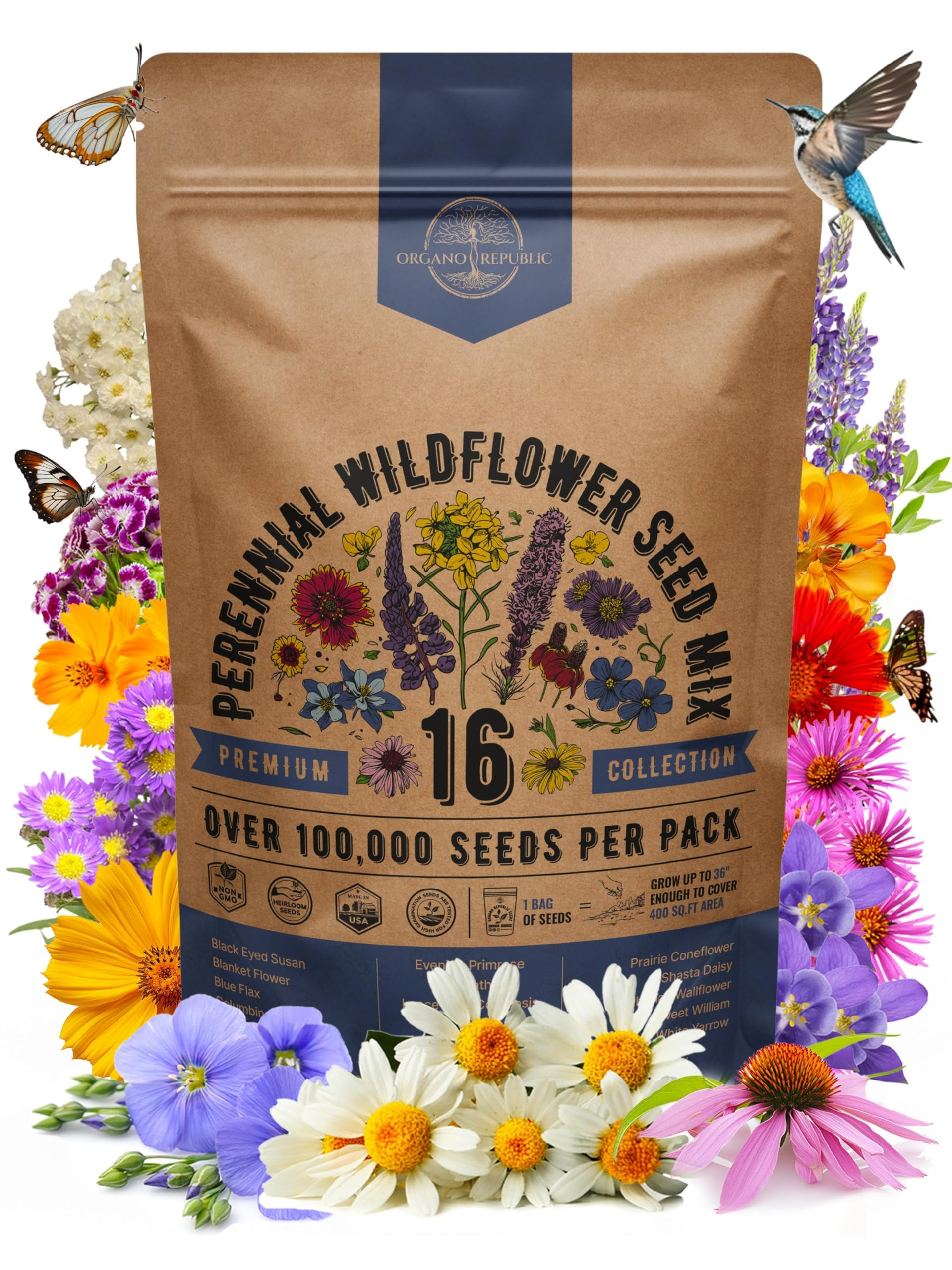 Organo Republic 16 Perennial Wildflower Seeds Mix for Indoor & Outdoors. 100,000+ Non-GMO, Heirlo... | Amazon (US)