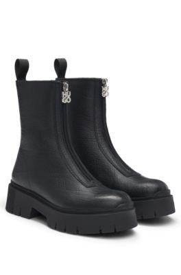 Ankle boots in tumbled leather with front zip- Black Women's Boots size 11 | Hugo Boss (US)