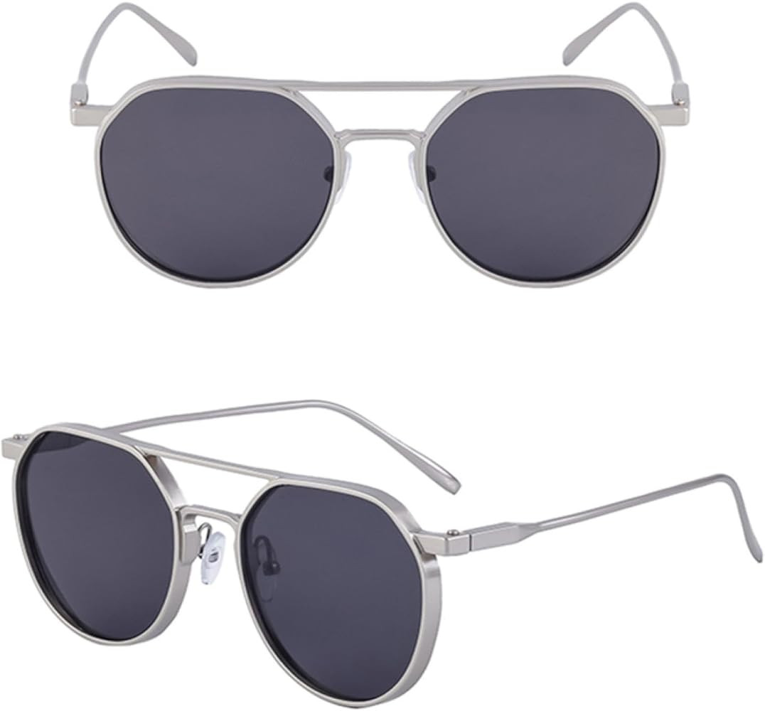 Round Sunglasses for Men Metal Frame Retro Uv400 Male Driving Double Bridge | Amazon (US)