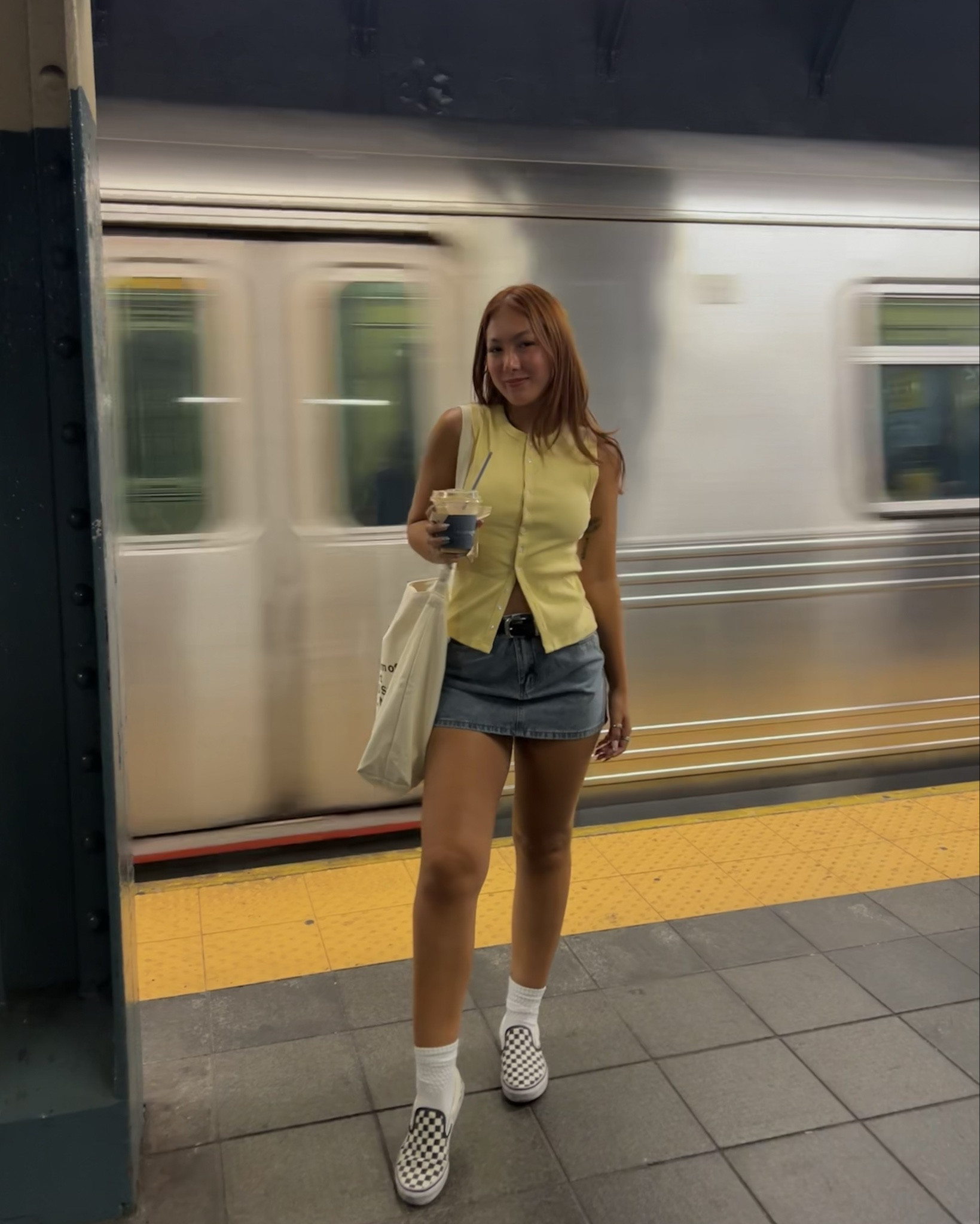 casual nyc ootd 💛
Skirt is white fox “press reset denim mini skirt light blue” 

#LTKStyleTip #LTKFindsUnder50 #LTKU