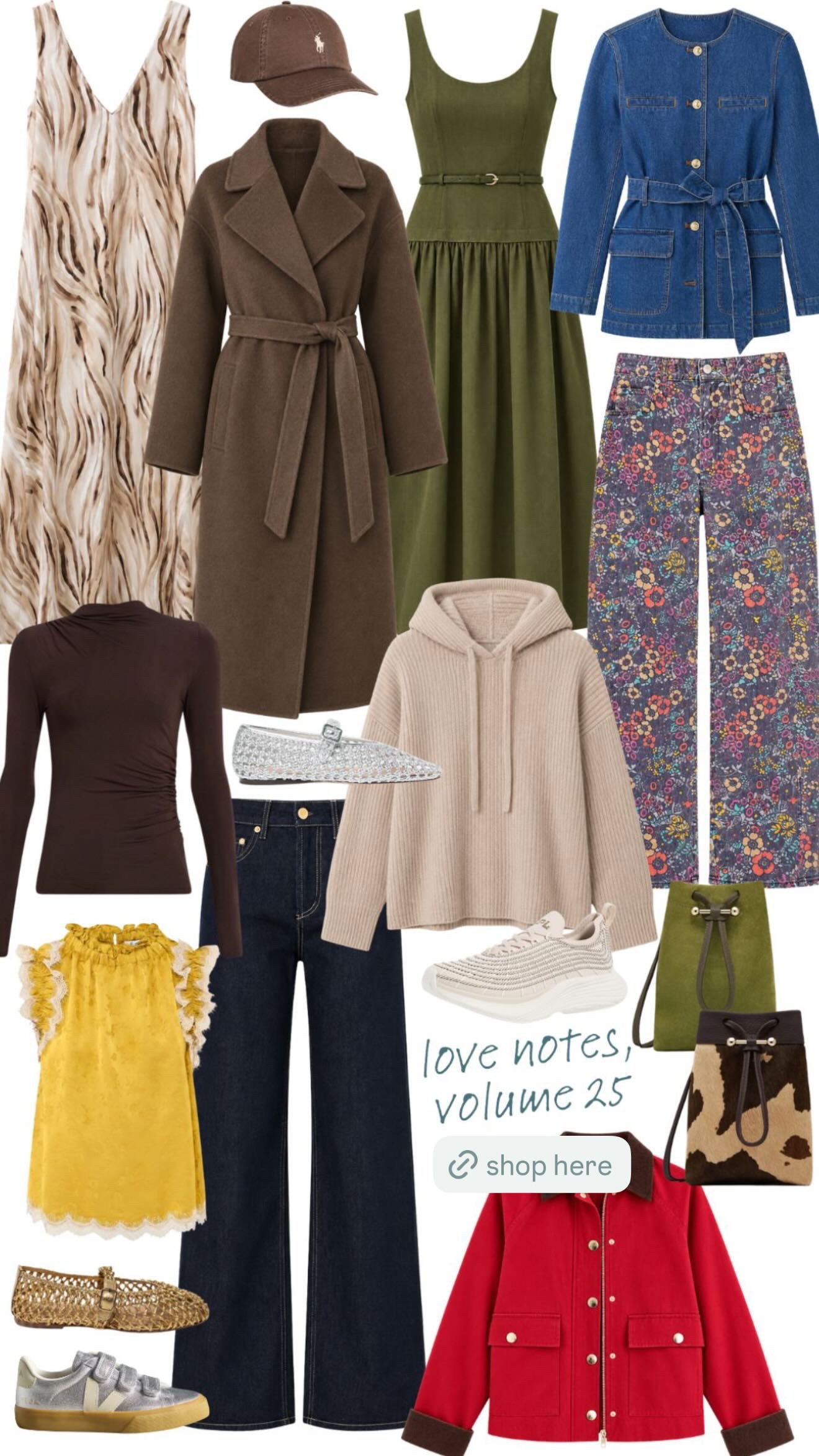 love notes, volume 25! this week’s mix is very much easing into fall with chocolate brown, olive green, dark denim, and a few fun pops of color mixed in. i’m especially into the belted coat for cooler days, the red chore jacket for an easy statement layer, the floral denim for something a little more playful, and all of the flats + sneakers that make these pieces feel really wearable for everyday. lots of good options here for travel days, school drop off, dinners, and those first cooler weekends of the season. 

 