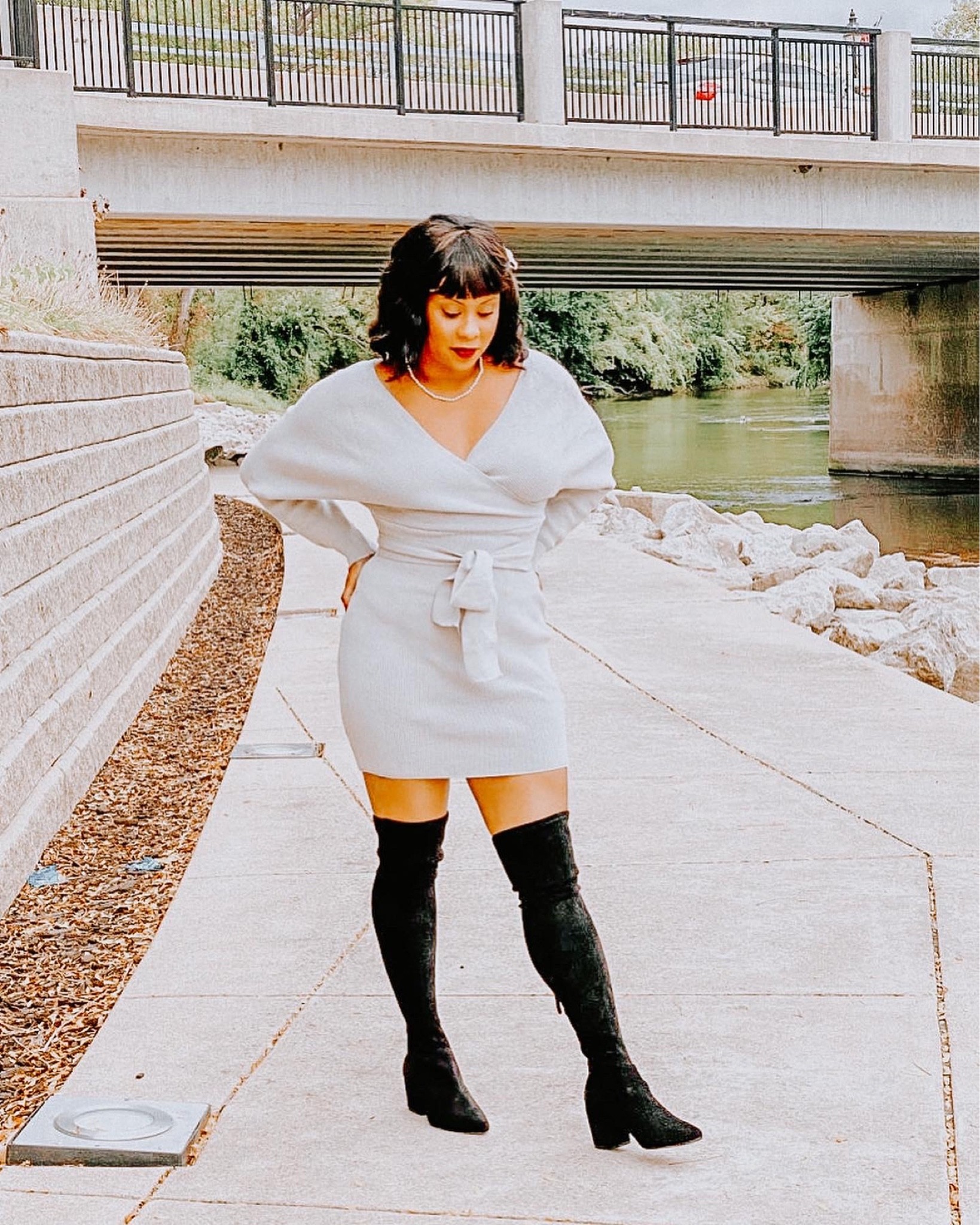 Grey Sweater Dress with over the knee black boots. Early fall outfits. Holiday dress. 

#LTKworkwear #LTKHoliday #LTKshoecrush