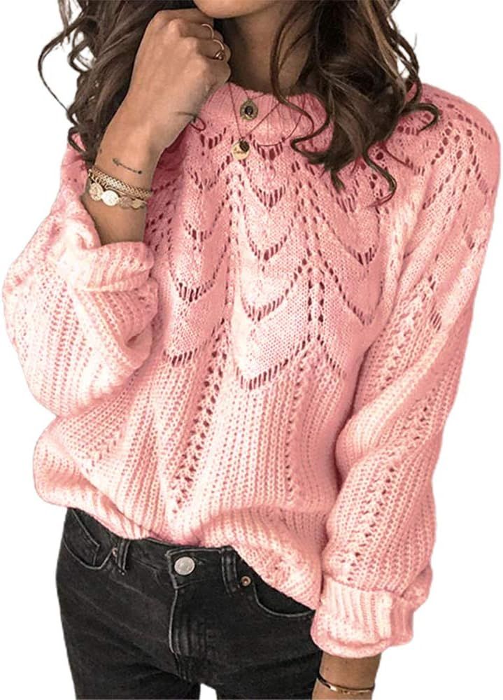 Womens Crew Neck Sweaters Long Sleeve Lightweight Knitted Novelty Sweaters Loose Jumper Tops | Amazon (US)