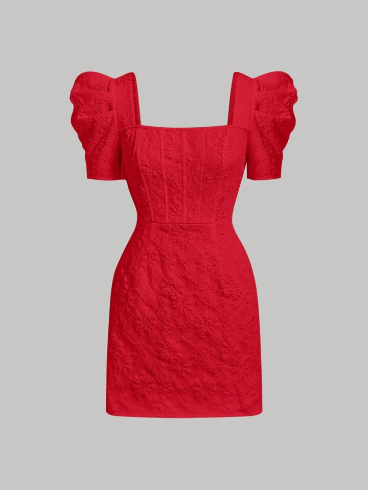 SHEIN MOD Square Neck Puff Sleeve Valentine's Day Red Short Dress | SHEIN