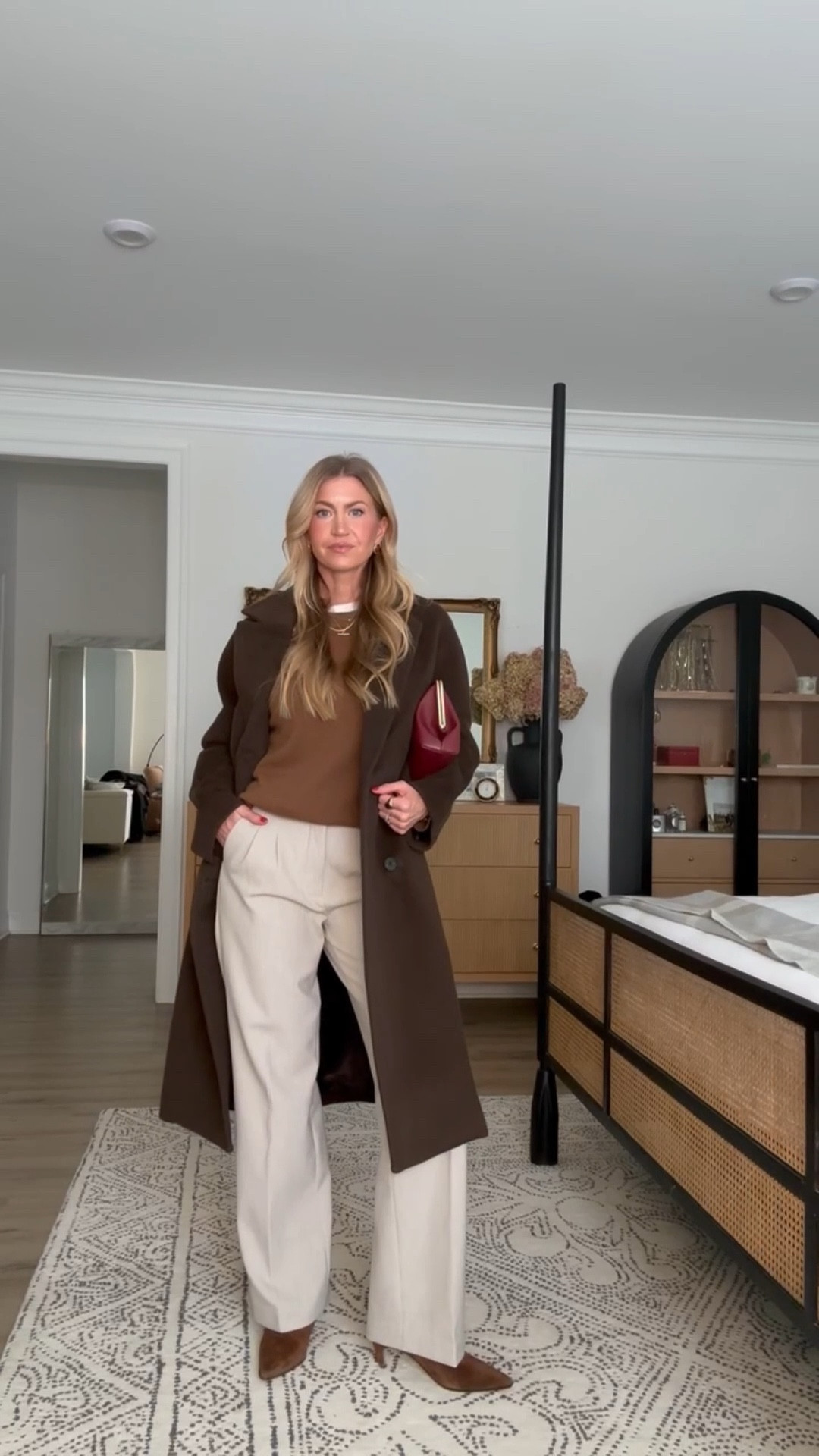 I love adding a coat and clutch to dress up an outfit. 
Sweater: runs slightly oversized. Wearing size small.
Pants: run TTS. 
Coat: runs TTSz 

#LTKdayinmylife