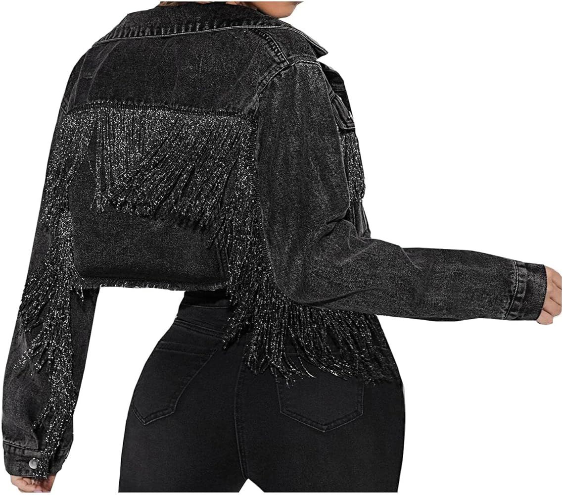 LifeShe fringe cropped denim jacket for women tassel ripped distressed jean jacket with frayed he... | Amazon (US)