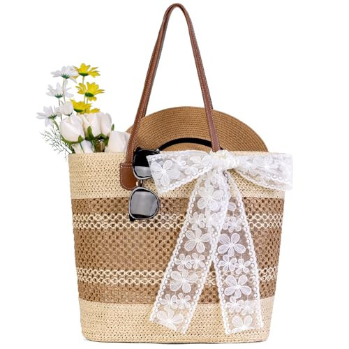 shoowyees Straw Beach Tote Bag for Women - 2026 Large Handwoven Summer Vacation Purse with Zipper for Travel Pool Shopping Essentials (Beige) | Amazon (US)