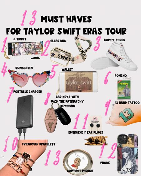 13 things you need for Taylor Swift Concert 
#concertneccessities #concertmusthaves #musicfestival #taylorswift #theerastour #taylorswiftconcert 

#LTKU #LTKFind #LTKFestival