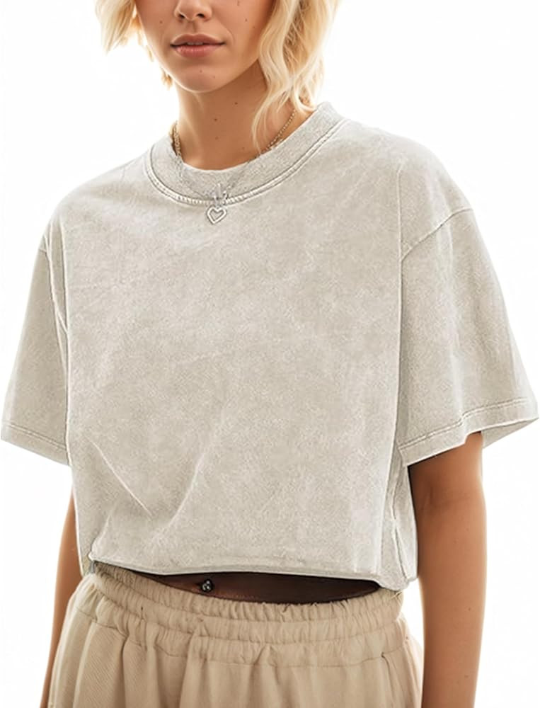 Womens Cropped Cotton Acid Wash T Shirts Oversized Vintage Casual Tees Short Sleeve Tops Summer G... | Amazon (US)