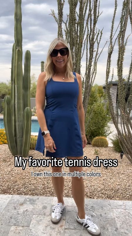Love this blue tennis dress with Samba sneakers, gold jewelry, and sunglasses. Size small in the dress which is on major sale. Abercrombie workout dress summer dresses.

#LTKSaleAlert #LTKOver40 #LTKActive