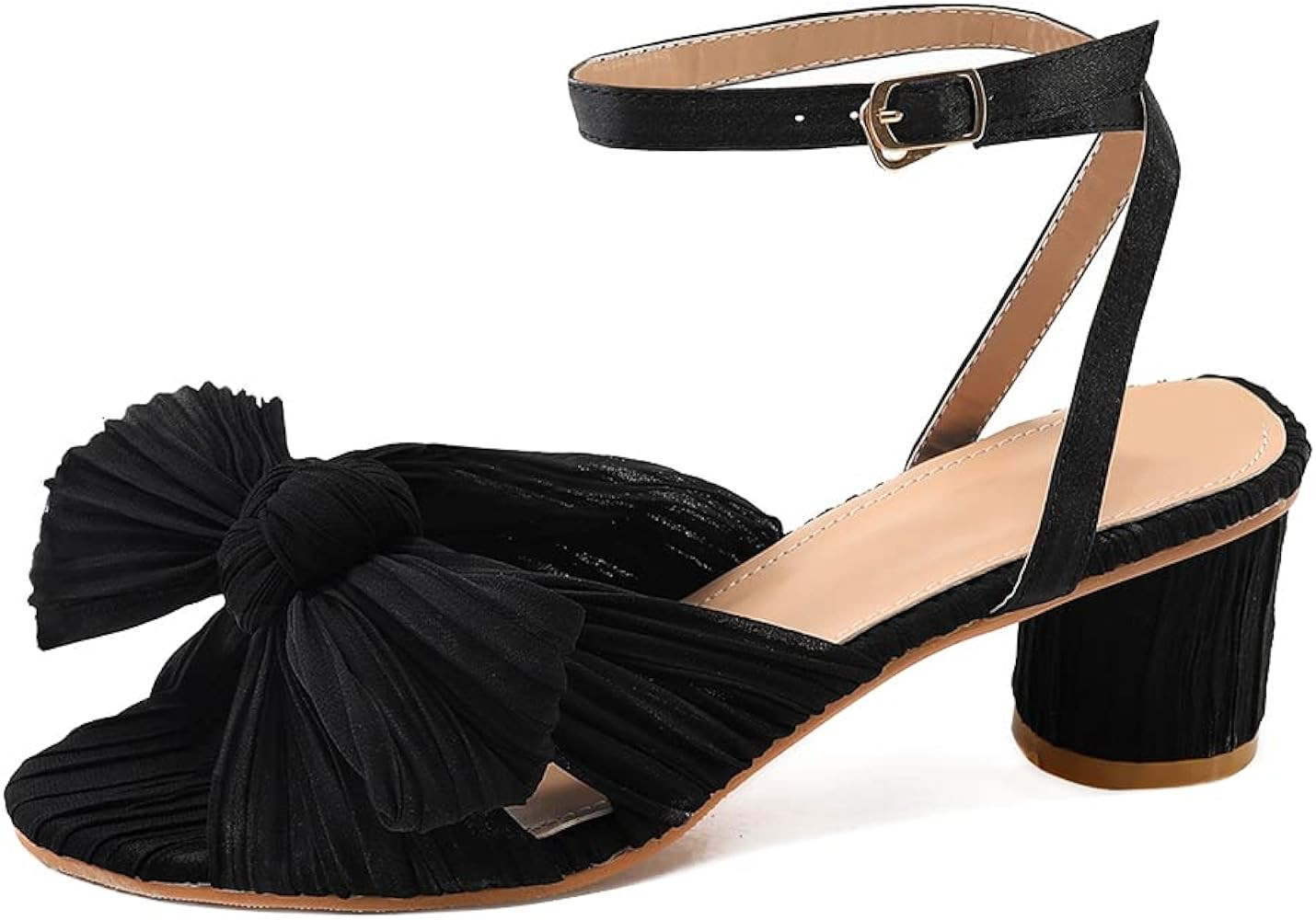 Vimisaoi Womens High Block Chunky Heel Sandals Fashion Open Toe Ankle Buckle Strap Pleated Bow He... | Amazon (US)