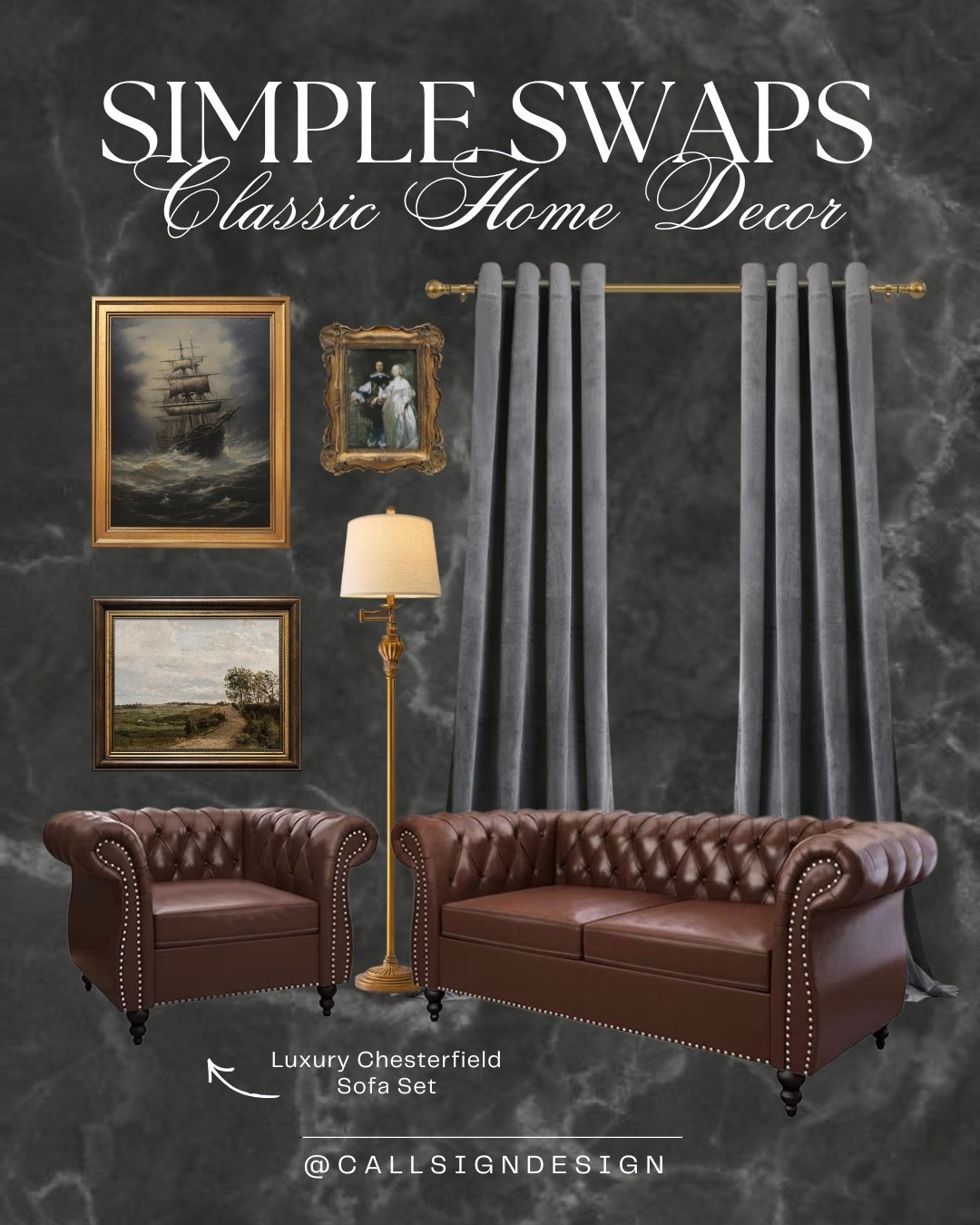 Classic design home decor anchored by a dark Chesterfield couch and layered with dark grey velvet curtains, brass accents, and framed art. Rich textures and timeless pieces come together to create a space that feels refined, warm, and deeply inviting. ✨ 

#ClassicDesign #ChesterfieldSofa #MoodyInteriors #VelvetCurtains #BrassAccents #TimelessStyle #HomeDecor #DesignDetails #callsigndesign