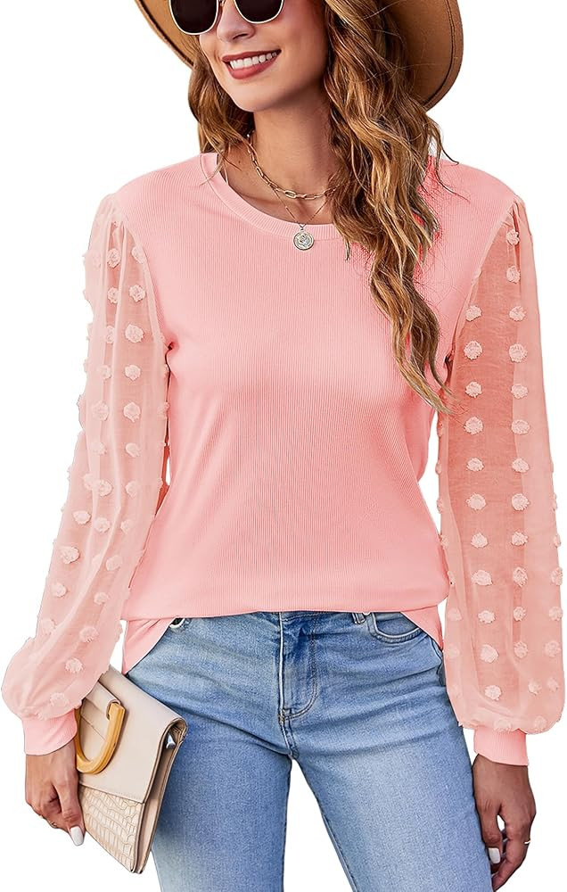 Newchoice Women's Business Casual Dressy Tops Round Neck Puff Sleeve Shirts Office Trendy Work Bl... | Amazon (US)
