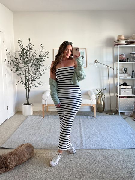 Im ready for all the spring outfits and stripes are really speaking to me as of lately! This stripe body con dress is so flattering on, super comfortable and I love that it has a little adhesive strip at the top of the chest band to keep it in place! Wearing a medium, runs true to size!

Sage green cardigan is super soft, wearing a medium! 

#LTKmidsize #LTKfindsunder100 #LTKSeasonal