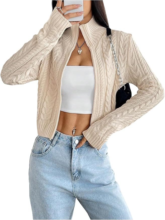 MakeMeChic Women's Cropped Cardigan Sweaters Fall Long Sleeve Y2K Zipper Cable Knit Jacket | Amazon (US)