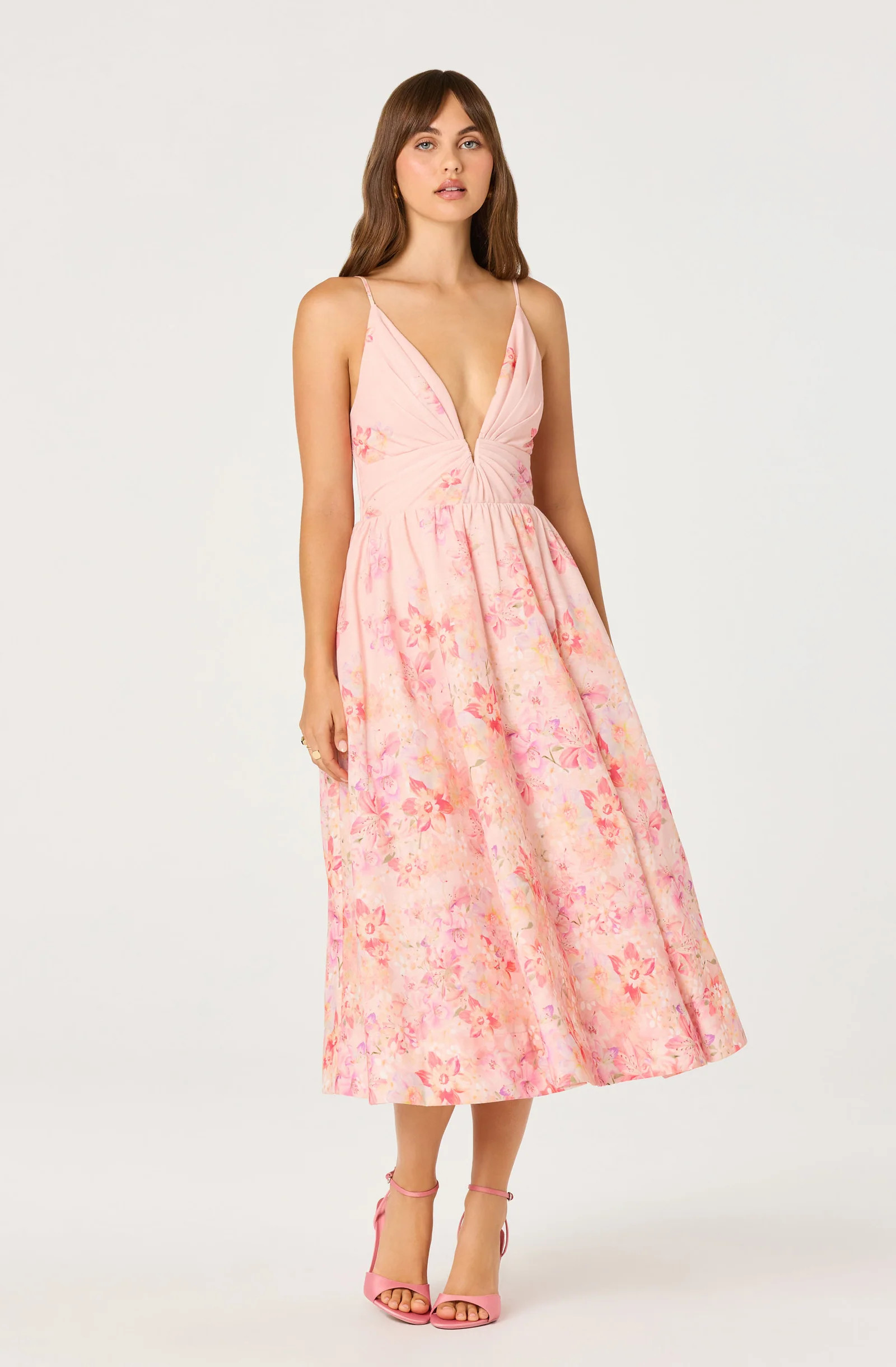 Janna Floral Plunge Midi Dress - Carnation pink fl / XS | ASTR The Label (US)