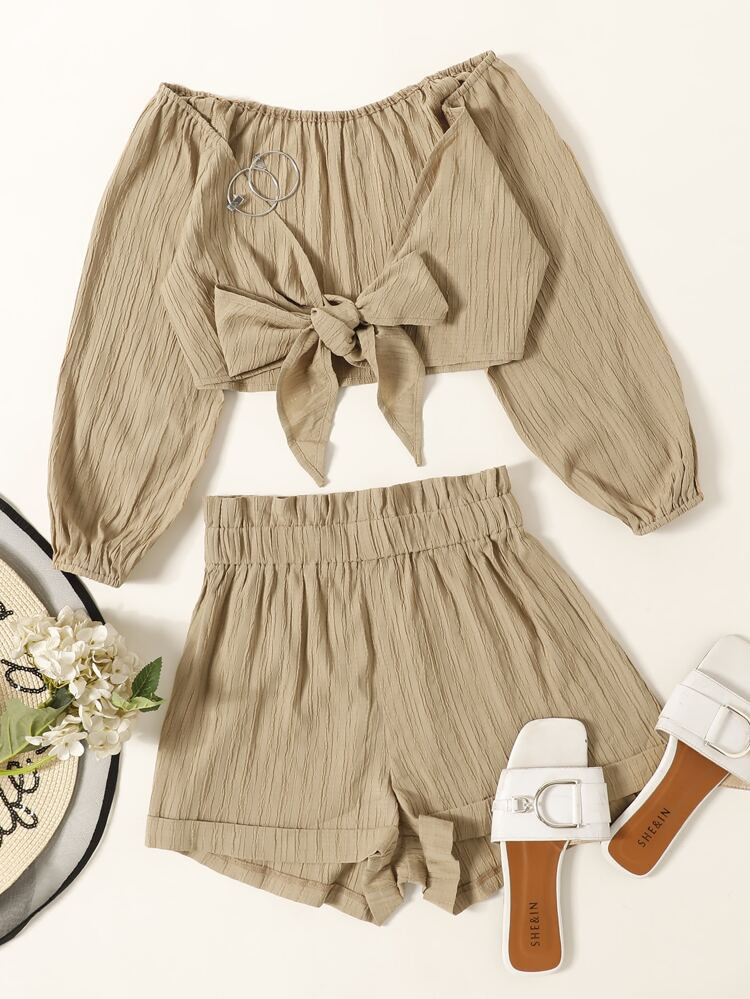 Tie Front Top With Paperbag Waist Shorts | SHEIN