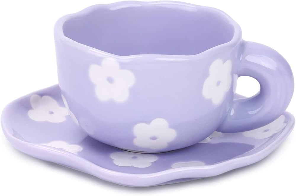 Purple Coffee Mug Flower Tea Cup and Saucer Floral Ceramic Mug - 7 Ounce | Amazon (US)