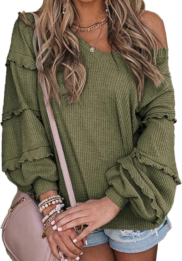 BTFBM Women’s V Neck Long Sleeve Blouse Loose Fit Tunics Ruffles Off Shoulder Waffle Knit Solid Colo | Amazon (US)